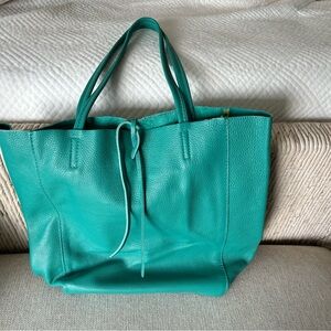 Teal Leather Tote Bag with Tie Closure - Women